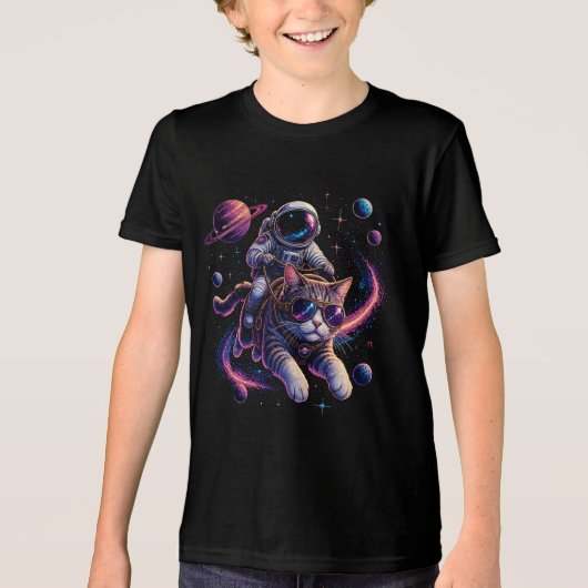 宇宙を駆ける宇宙飛行士猫 トライブレンドTシャツ (正面)
