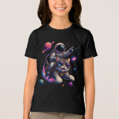 宇宙を駆ける宇宙飛行士猫 トライブレンドＴシャツ (正面)
