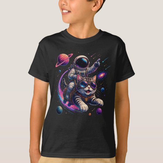 宇宙を駆ける宇宙飛行士猫 Tシャツ (正面)