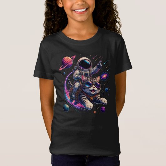 宇宙を駆ける宇宙飛行士猫 Tシャツ (正面)