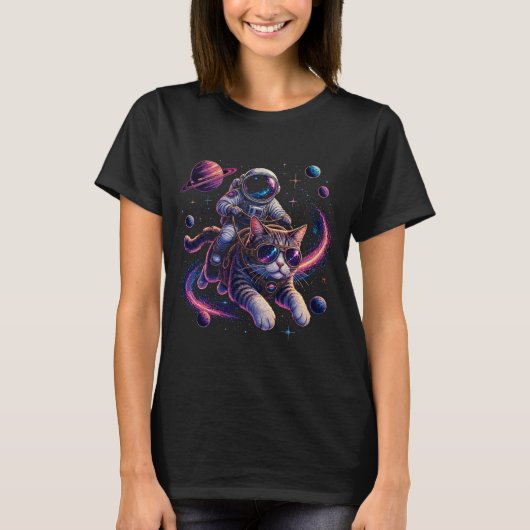 宇宙を駆ける宇宙飛行士猫 Tシャツ (正面)