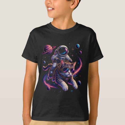 宇宙を駆ける宇宙飛行士猫 Tシャツ (正面)