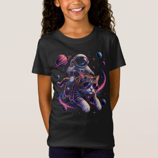 宇宙を駆ける宇宙飛行士猫 Tシャツ (正面)