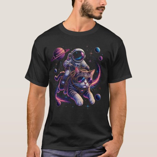 宇宙を駆ける宇宙飛行士猫 Tシャツ (正面)