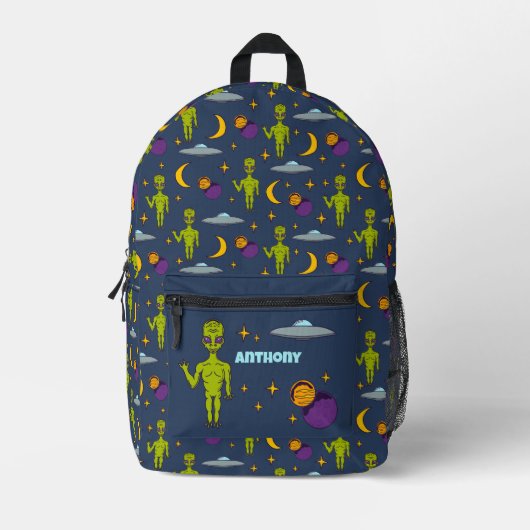 宇宙アイアン飛んでいるズとソーサーSci-Fiをテーマにした プリントバックパック (正面)