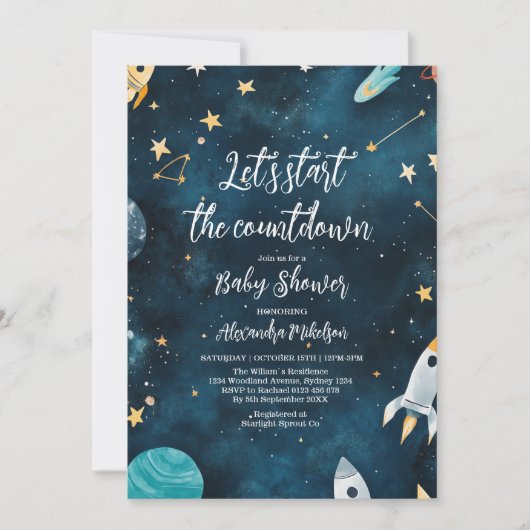 宇宙アウター赤ちゃんシャワー海軍 招待状 (正面)