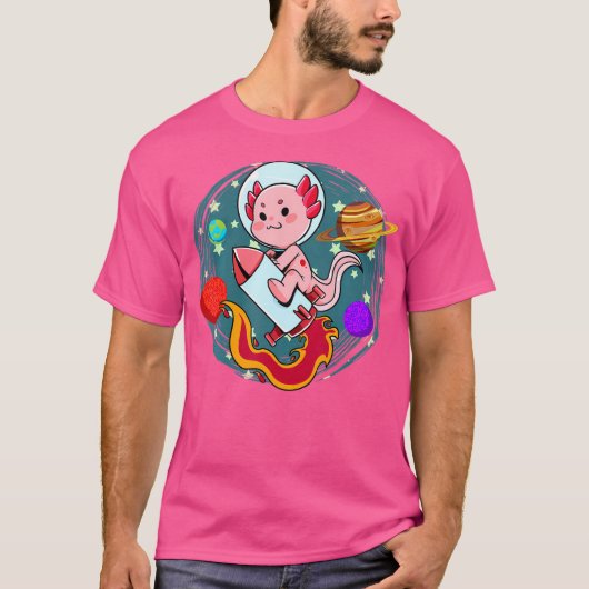 宇宙アクソロテルロケットかわいい宇宙飛行士の惑星魚 Tシャツ (正面)