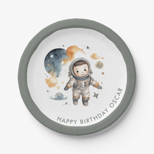 "宇宙アドベンチャーウォーターカラーファースト誕生日 ペーパープレート (正面)