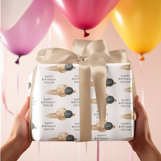 "宇宙アドベンチャーウォーターカラーファースト誕生日 ラッピングペーパー