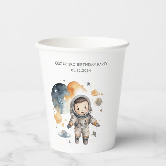 "宇宙アドベンチャーウォーターカラーファースト誕生日 紙コップ (正面)
