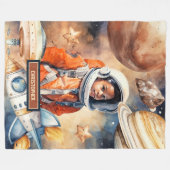 宇宙アドベンチャーブランケットボーイズ水彩スタイル フリースブランケット (正面(横))