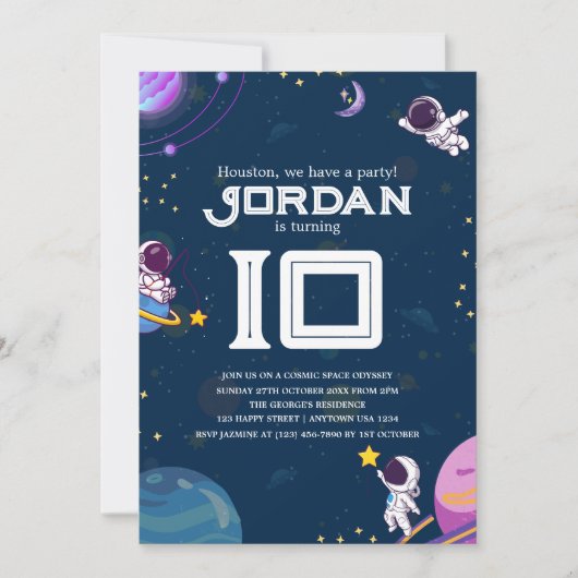 宇宙アドベンチャー：ブルー宇宙飛行士子供の誕生日パーティー 招待状 (正面)