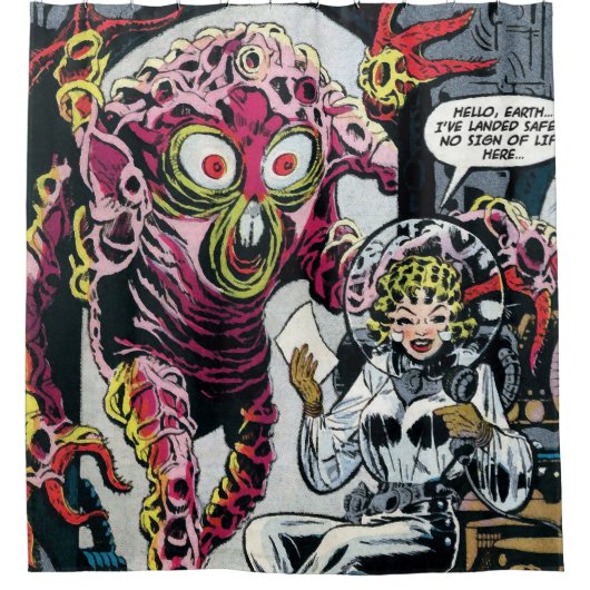 宇宙アドベンチャー#12 おもしろい 50sレトロSci Fi漫画 シャワーカーテン (正面)