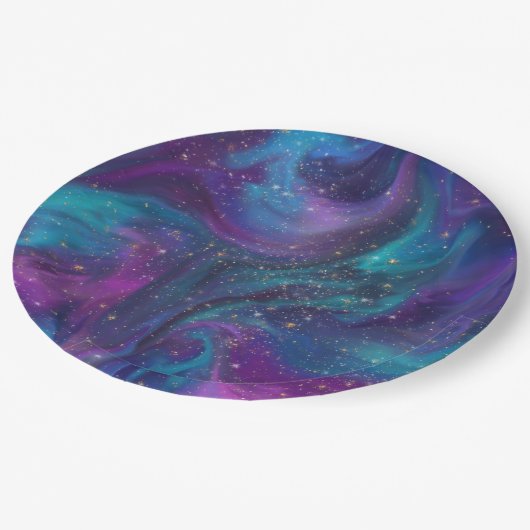 宇宙インク |ターコイズブルーパープル銀河系星雲 ペーパープレート (アングル)