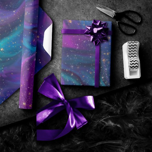 宇宙インク |ターコイズブルーパープル銀河系星雲 ラッピングペーパー