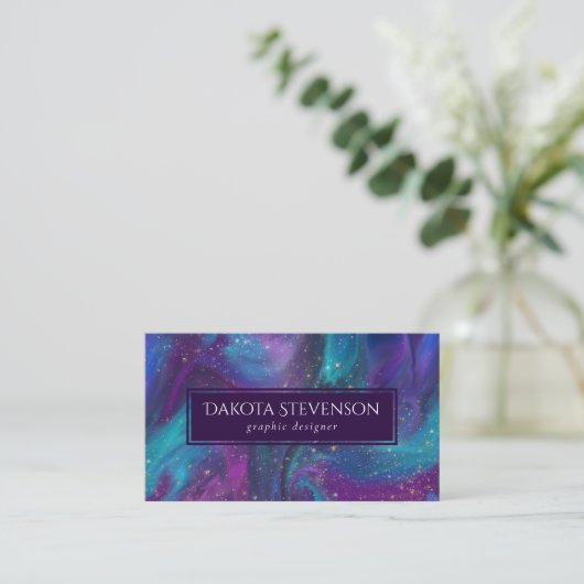 宇宙インク |ターコイズブルーパープル銀河系星雲 名刺 (スタンド正面)