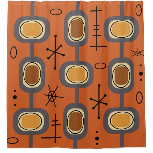 宇宙エイジジオメトリックアート燃えたオレンジ シャワーカーテン (正面)