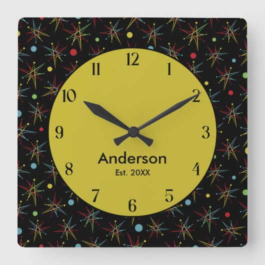 宇宙エイジ原子レトロドットカスタムカラー スクエア壁時計 (正面)