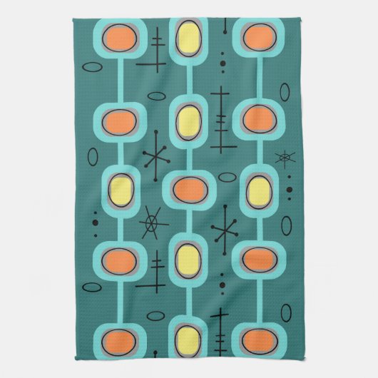 宇宙エイジ幾何学的アートティール(緑がかった色) キッチンタオル (縦)