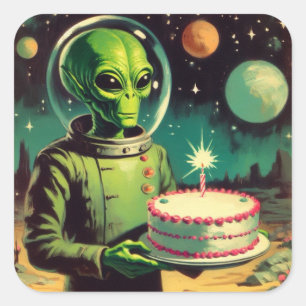 宇宙エイリアンとお誕生日ケーキUFOソーサ飛んでいるー スクエアシール