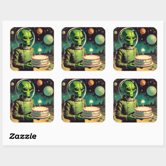 宇宙エイリアンとお誕生日ケーキUFOソーサ飛んでいるー スクエアシール (シート)