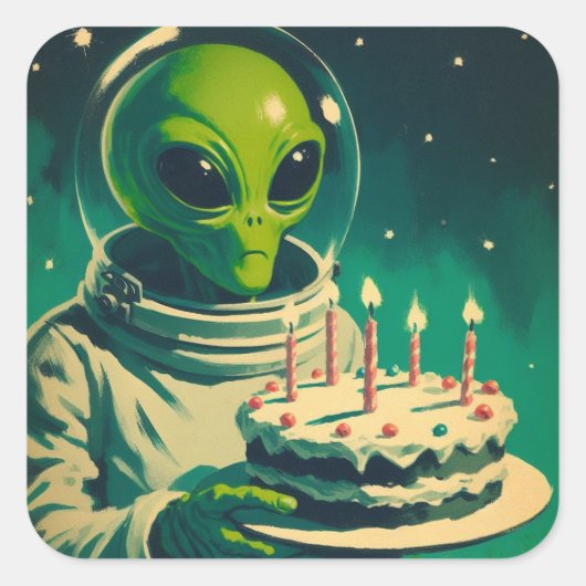 宇宙エイリアンとお誕生日ケーキUFOソーサ飛んでいるー スクエアシール (正面)