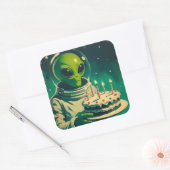 宇宙エイリアンとお誕生日ケーキUFOソーサ飛んでいるー スクエアシール (封筒)