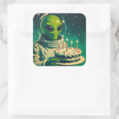宇宙エイリアンとお誕生日ケーキUFOソーサ飛んでいるー スクエアシール (バッグ)