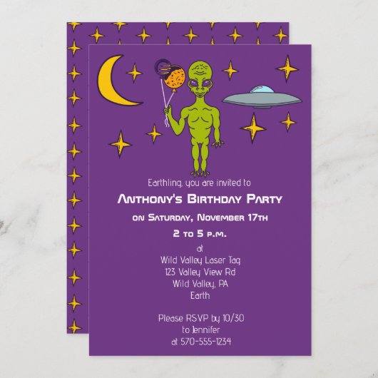 宇宙エイリアンと惑星バルーン誕生日パーティー 招待状 (正面/裏面)