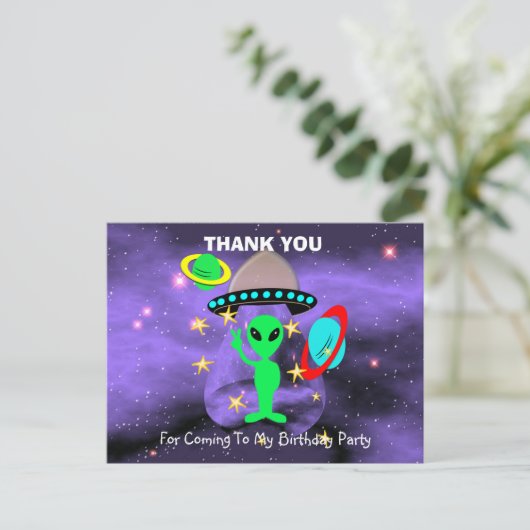 宇宙エイリアンをテーマにした子どもたちに感謝はがき ポストカード (スタンド正面)