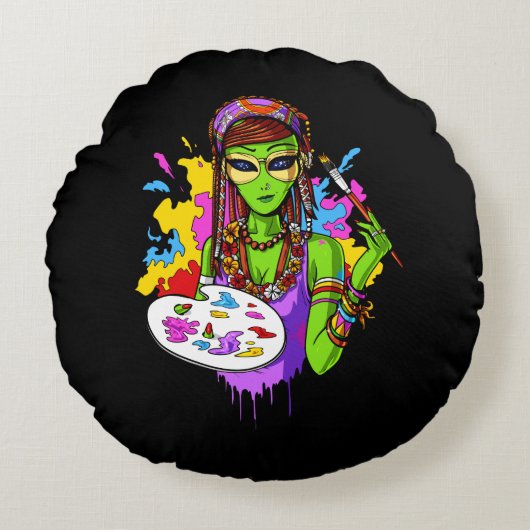 宇宙エイリアンヒッピー絵画ズアーティスト ラウンドクッション (正面)