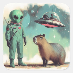 宇宙エイリアン及びカピバラレトロUFOイラストレーション スクエアシール