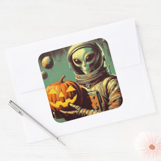 宇宙エイリアン及びジャックオランタンレトロイラストレーション スクエアシール (封筒)
