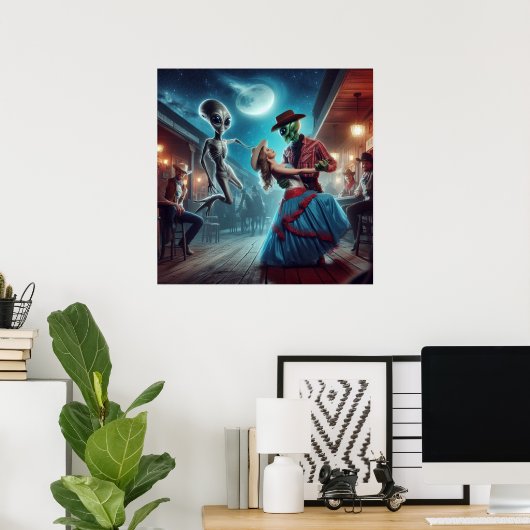 "宇宙エイリアン踊り"、"オールドウエストサロン"、女性のカーボーイ ポスター (ホームオフィス)