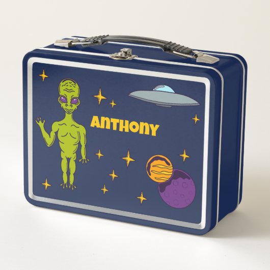 宇宙エイリアン飛んでいるソーサパーソナライズされたー メタルランチボックス (正面)