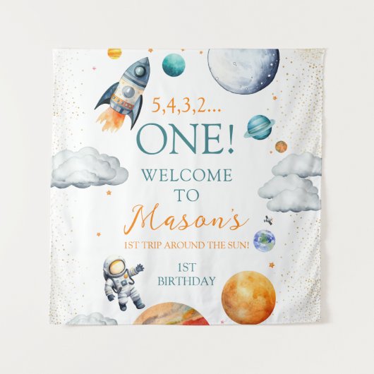 宇宙エクスプローラボーイ誕生日ウェルカムバナー タペストリー (正面)