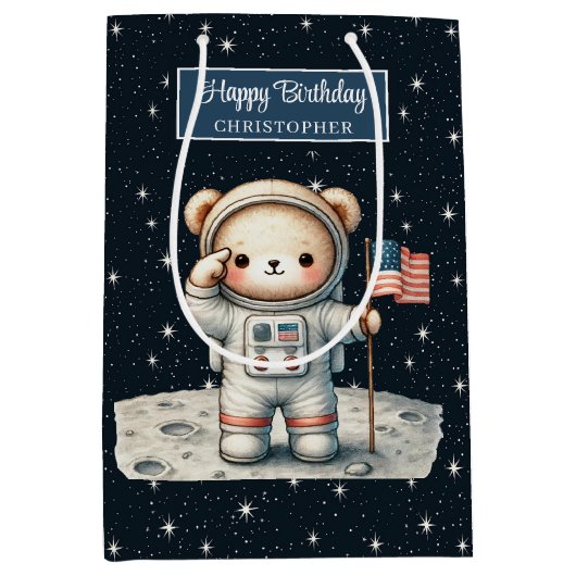 宇宙エクスプローラーベア抱き枕for Boy誕生日 ミディアムペーパーバッグ (正面)