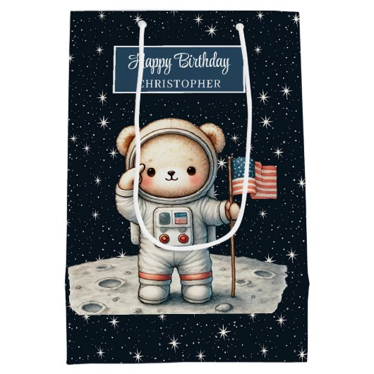 宇宙エクスプローラーベア抱き枕for Boy誕生日 ミディアムペーパーバッグ (裏面)