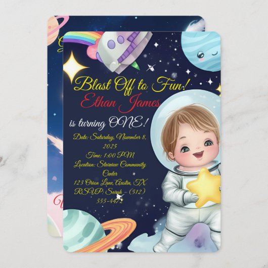 宇宙エクスプローラ最初の誕生日招待状 招待状 (正面/裏面)