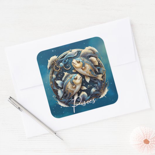 宇宙エレガント魚〔占星術の〕十二宮図サインブラック金ゴールド魚座 スクエアシール (封筒)