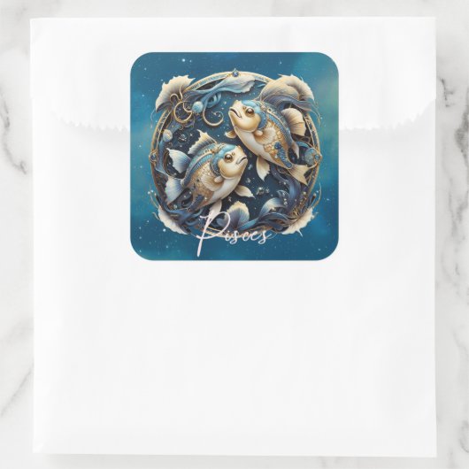 宇宙エレガント魚〔占星術の〕十二宮図サインブラック金ゴールド魚座 スクエアシール (バッグ)