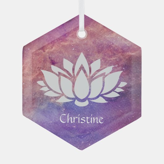 宇宙オレンジピンク星雲の上の白い蓮の花 ガラスオーナメント (正面)