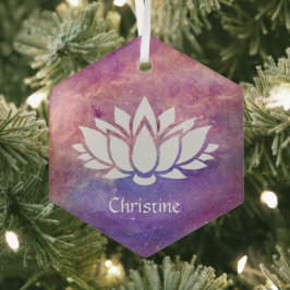 宇宙オレンジピンク星雲の上の白い蓮の花 ガラスオーナメント