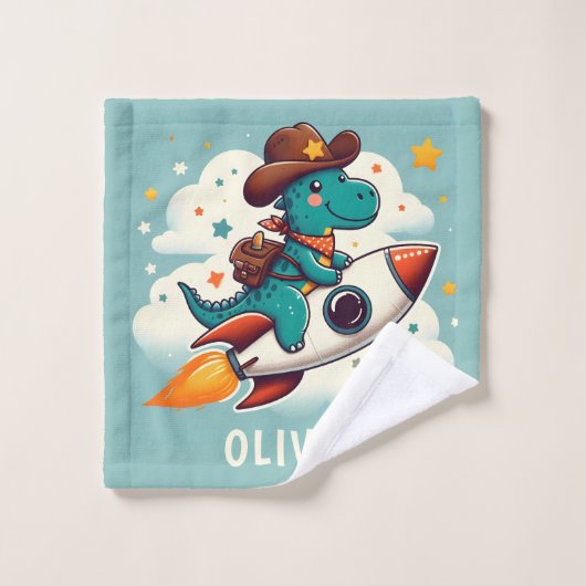 宇宙カウボーディノトレックスライディングロケットパーソナライズされた ウォッシュタオル (ウォッシュタオル)