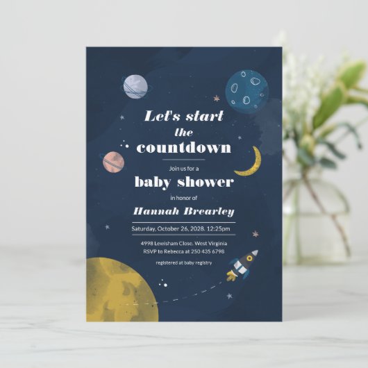 宇宙カウントダウン赤モダンちゃんシャワー 招待状 (スタンド正面)