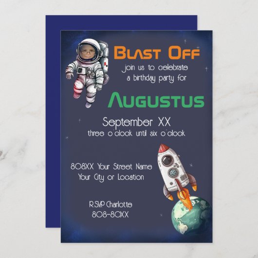 宇宙カスタム宇宙飛行士誕生日 招待状 (正面/裏面)