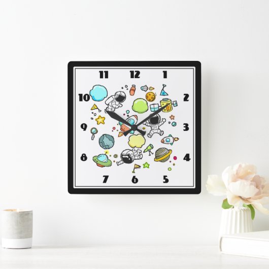 宇宙カッコいい宇宙飛行士とロケットのパターン スクエア壁時計 (ホーム)