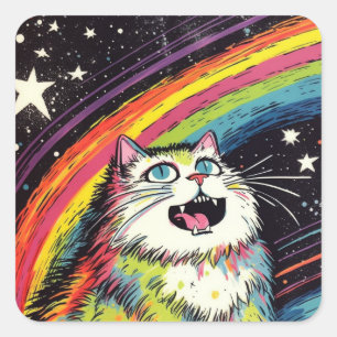 宇宙カラフルの毛羽立つ猫 スクエアシール