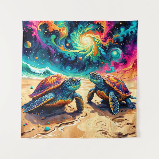 宇宙カラフルの空の下のウミガメ タペストリー (正面)
