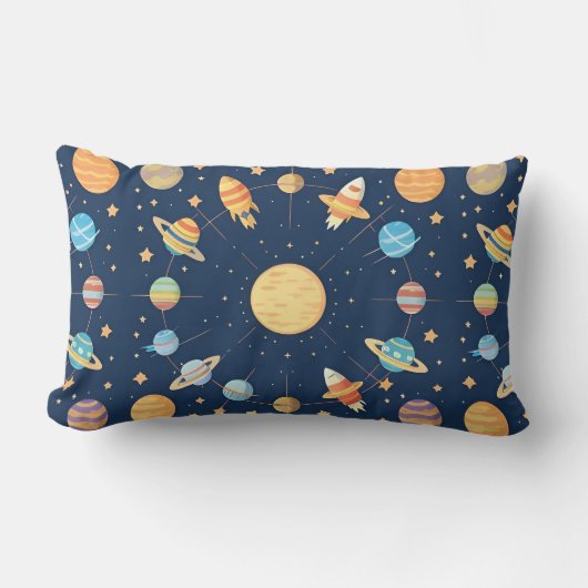 宇宙カラフルをテーマにした惑星パターン ランバークッション (正面)